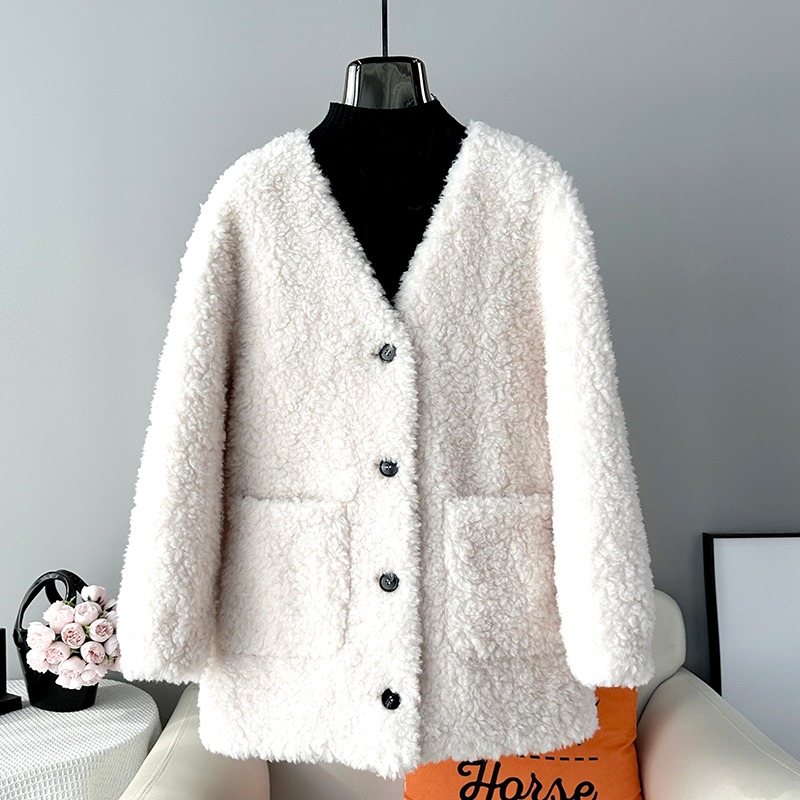 女性用ミドル丈ラムウールジャケット,女性用シープシャーリングコート,Vネックシルエットカーディガン,パーカjt413,2024