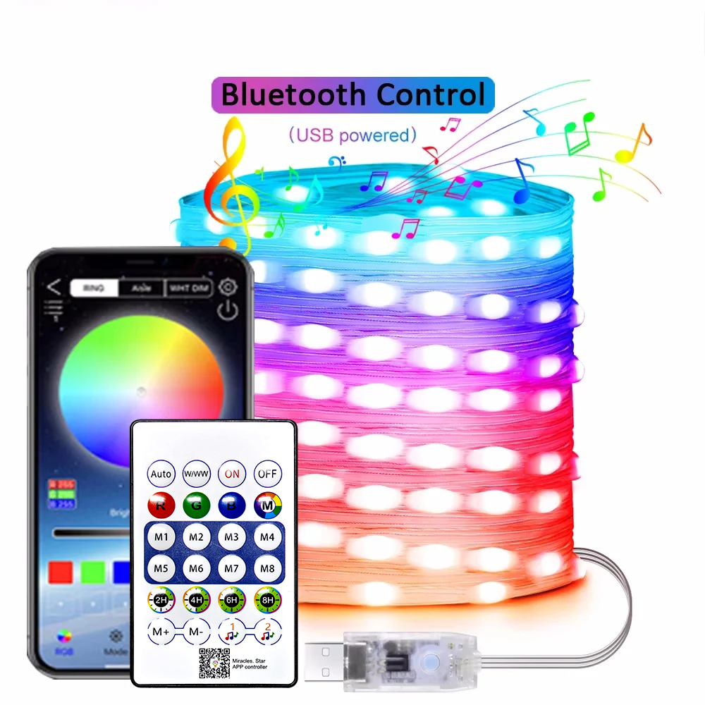 Guirnaldas de luces LED con Bluetooth Dreamcolor RGBIC, luces para árbol de Navidad, decoración de boda, lámpara USB de 15M/10M/5M/2M
