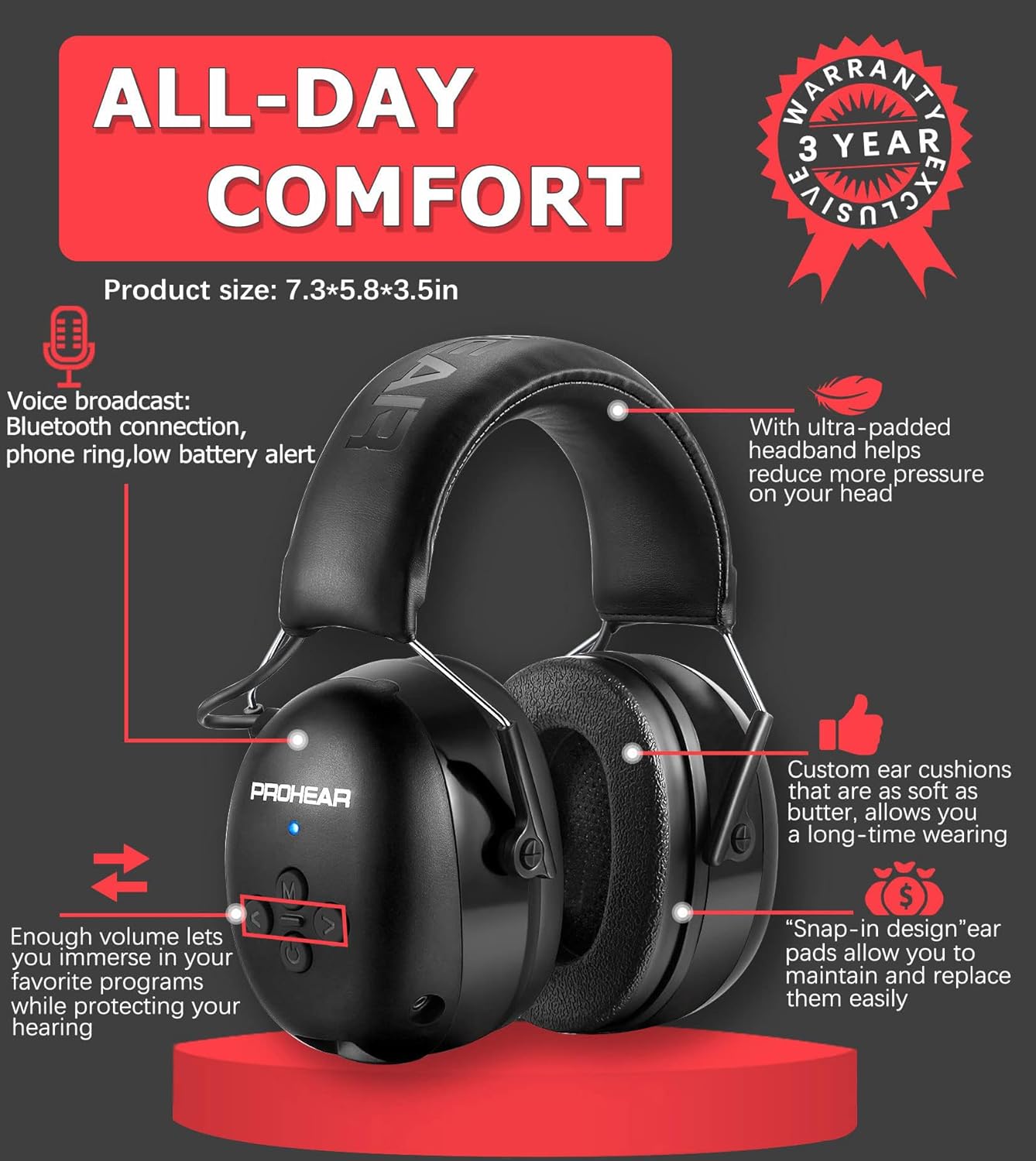 PROHEAR-Auscultadores de Proteção Auditiva com Bateria Recarregável, Redução de Ruído de Segurança, Ear Muffs para Mowing Work, Bluetooth 5.0