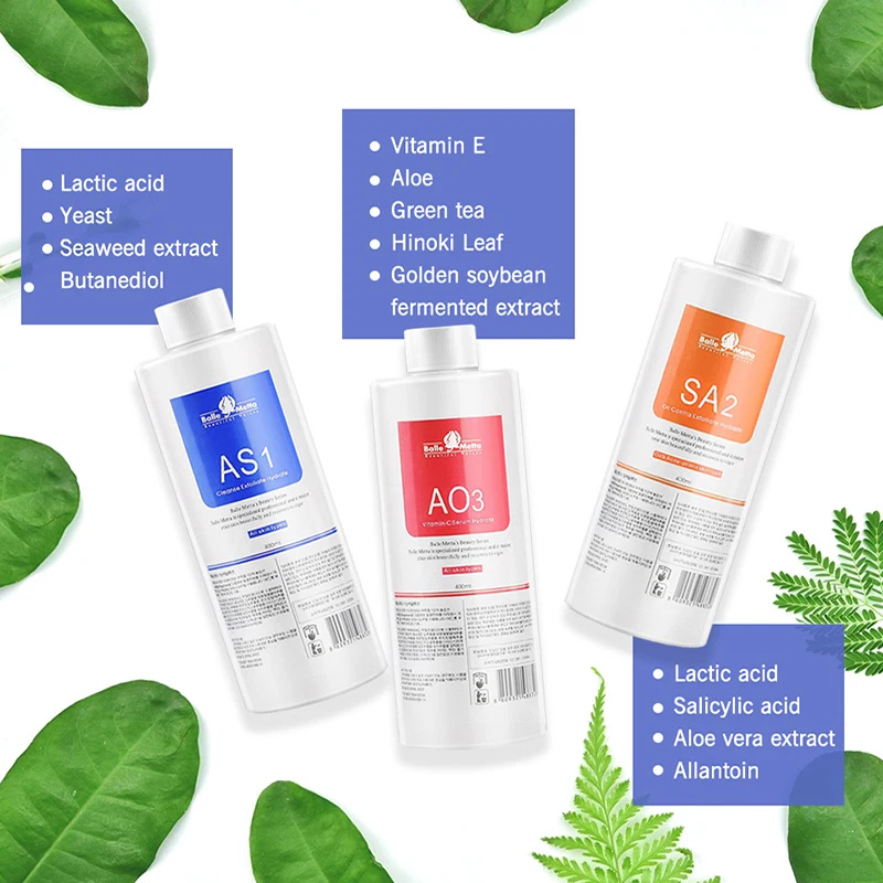 Suero facial para el cuidado de la piel AS1 SA2 AO3 Aqua Peel Solución para máquina facial Limpieza profunda de la piel 400 ml Kit de 3 sueros