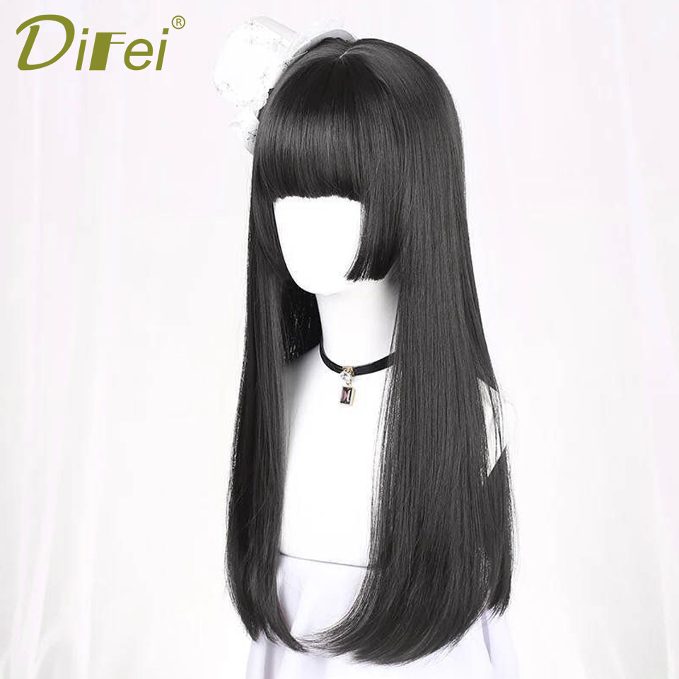 ธรรมชาติยาวตรงวิกผมสังเคราะห์สีดํากับ Bangs Lolita COSPLAY ผมวิกผมผู้หญิงความร้อนทน Daily PARTY วิกผม Fem