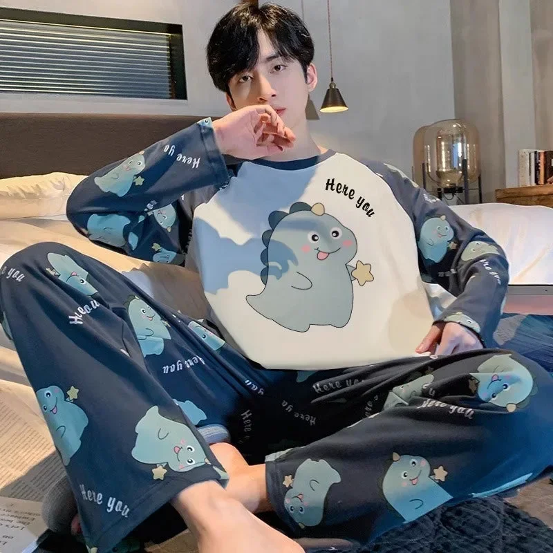 Pijamas conjunto de algodão masculino de manga comprida simples dos desenhos animados dinossauro pijamas homewear estudantes pijamas de duas peças loungewear