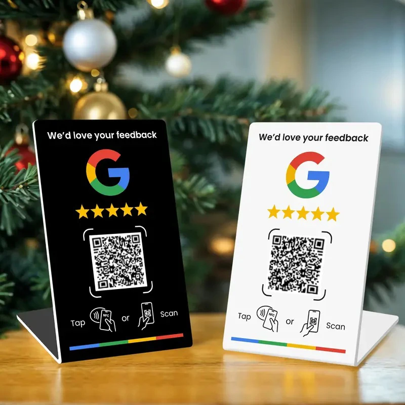 NFC 215, programmeerbare QR-code Google Review Card NFC-stationtabel NFC Google Reviews-display buigkaart staande merkbeugel