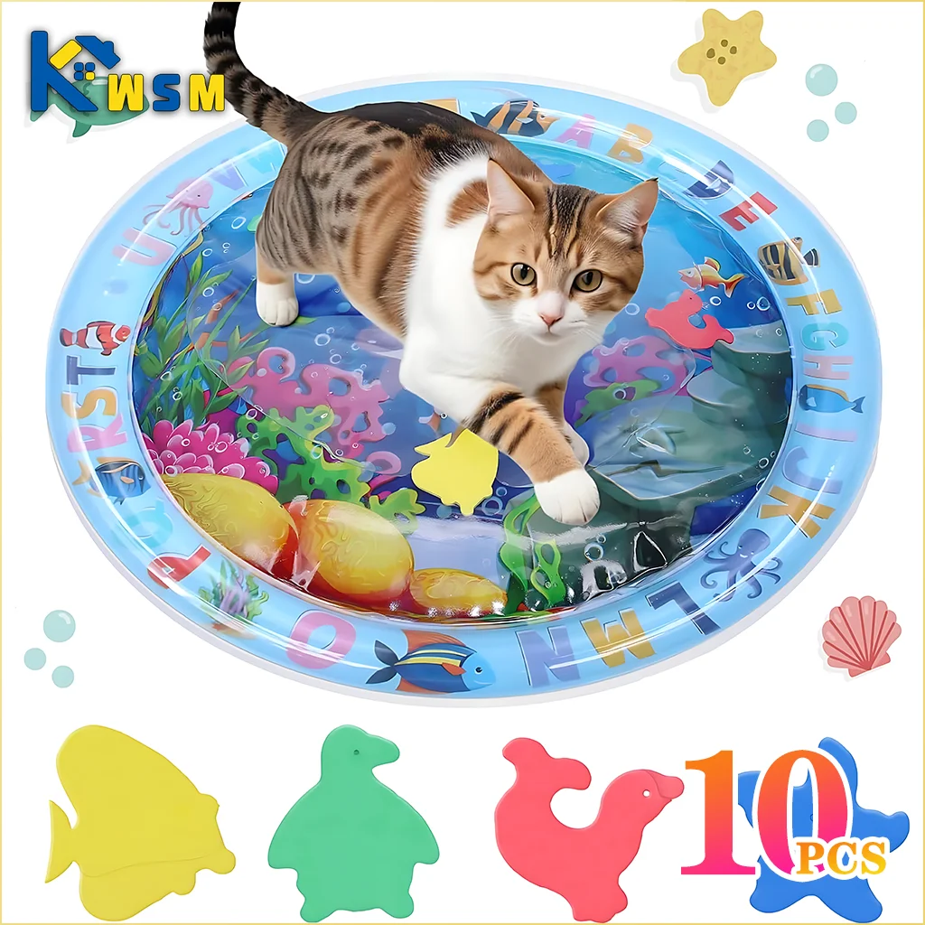 Estera de juego sensorial de agua, estera de agua inflable gruesa para gato y perro, estera de juego para mascotas con peces, mar, océano, juguete sensorial de agua