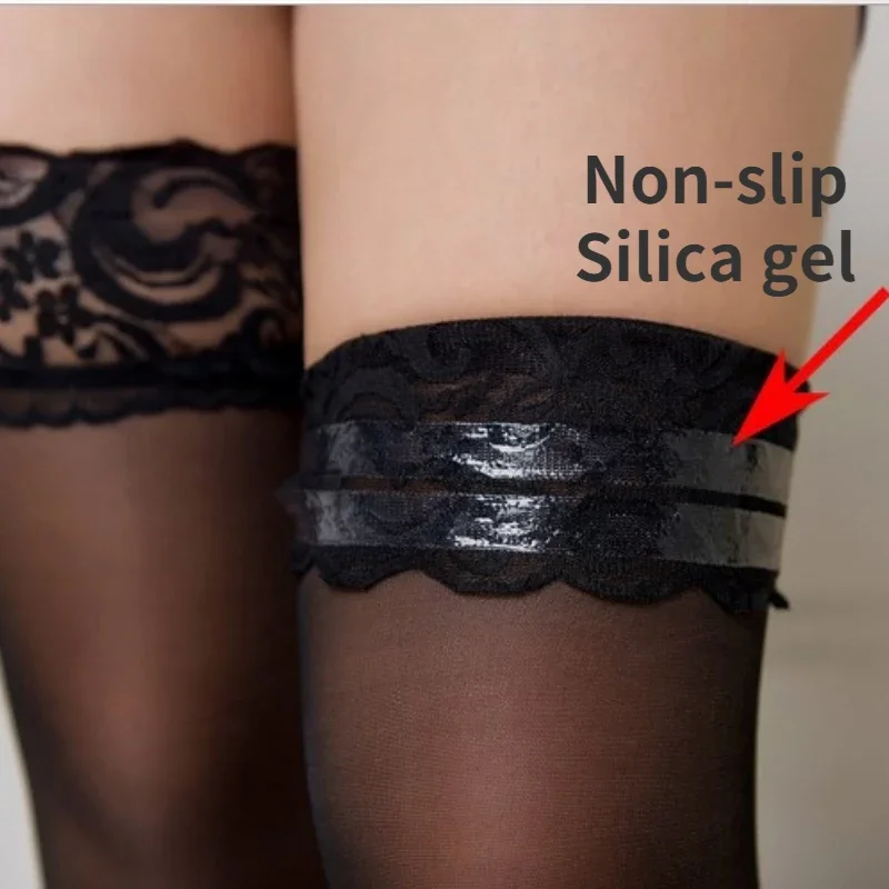 Calze sexy in pizzo Calze alte al ginocchio sexy trasparenti Calze lunghe alte alla coscia Calze con calza antiscivolo per donne erotiche
