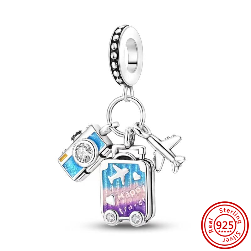 925 prata saco de compras mala passaporte bolsa câmera amor viagem vida diy contas caber original pantaro encantos pulseira jóias