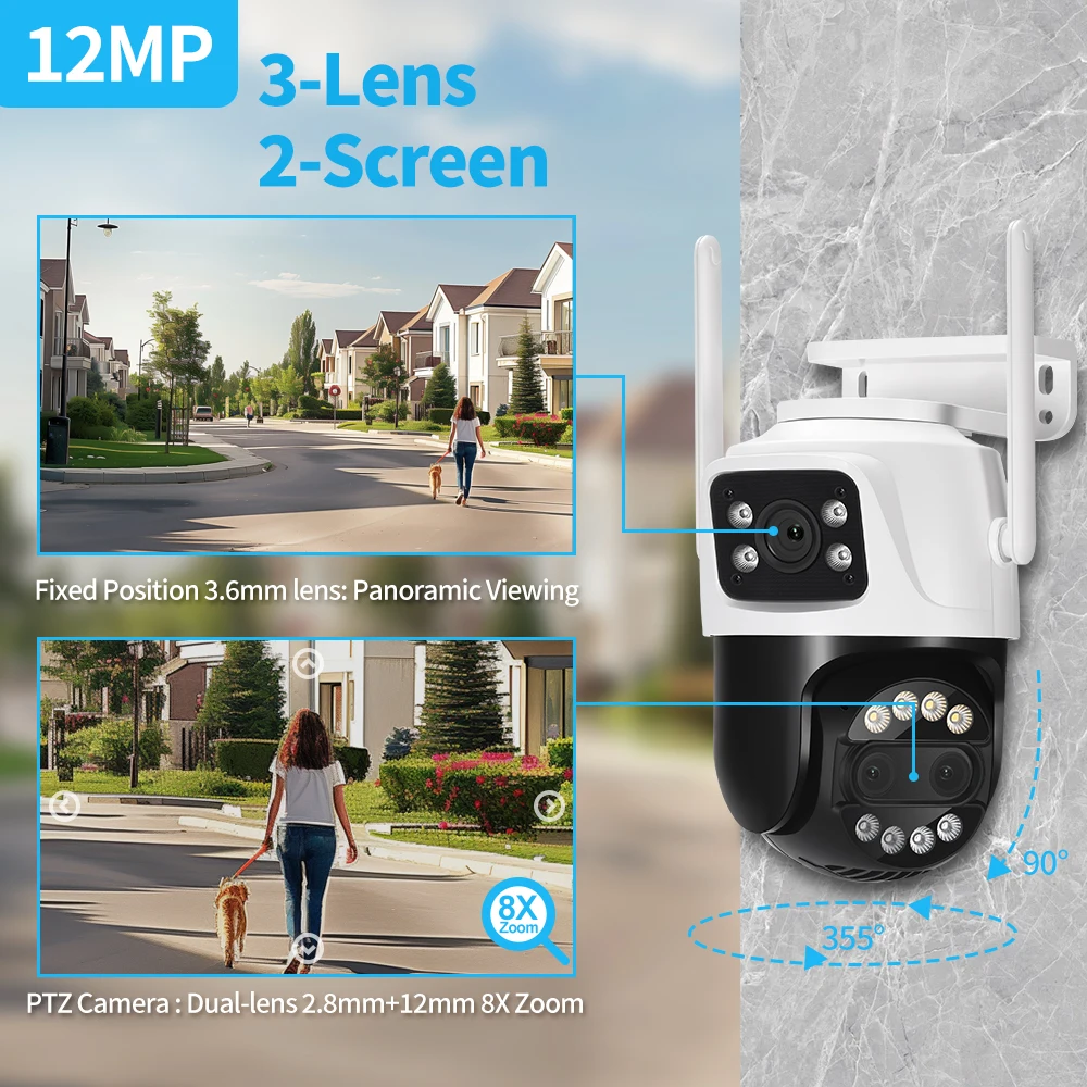 8MP Dual เลนส์ 2.8 มม.-12 มม.8X ซูม 4K PTZ WiFi กล้อง IP กลางแจ้ง AI การติดตามมนุษย์กล้องวงจรปิด Home Security กล้องเฝ้าระวัง