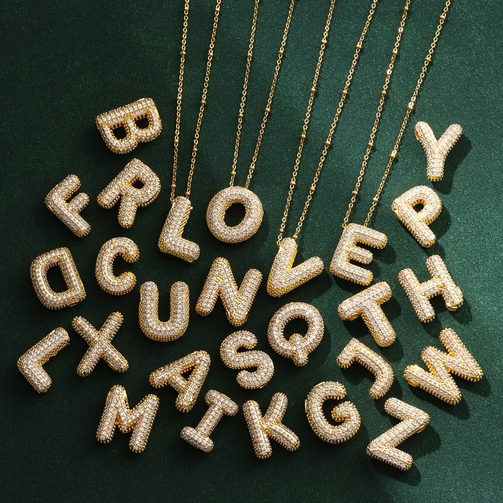 Kubische Zirkonia vergoldete Blasen-Alphabet-Buchstaben-Halskette, Monogramm-Halskette, Ballon-Anfangshalskette, Geschenke für Frauen und Mädchen