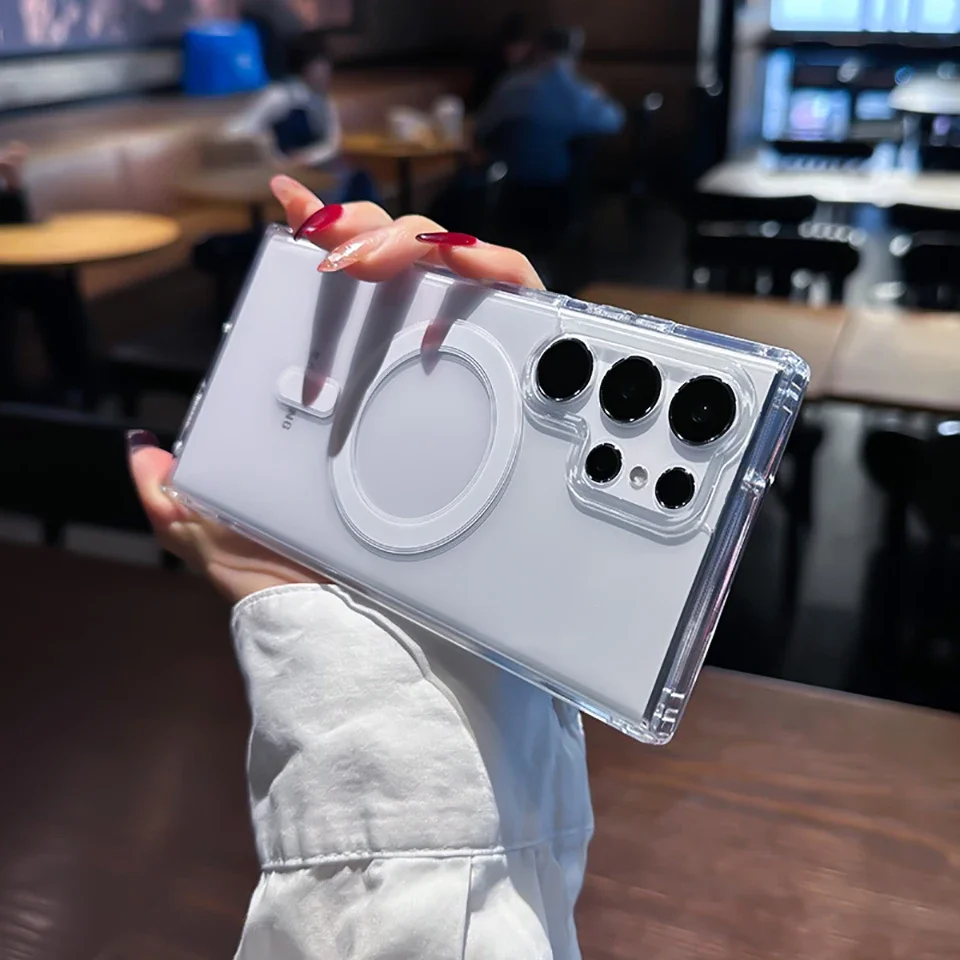 Magsafe 충격 방지 전화 케이스의 경우 삼성 갤럭시 S22 S23 S24 울트라 플러스 뒷면 커버 액세서리에 대한 고급 자기 클리어 케이스