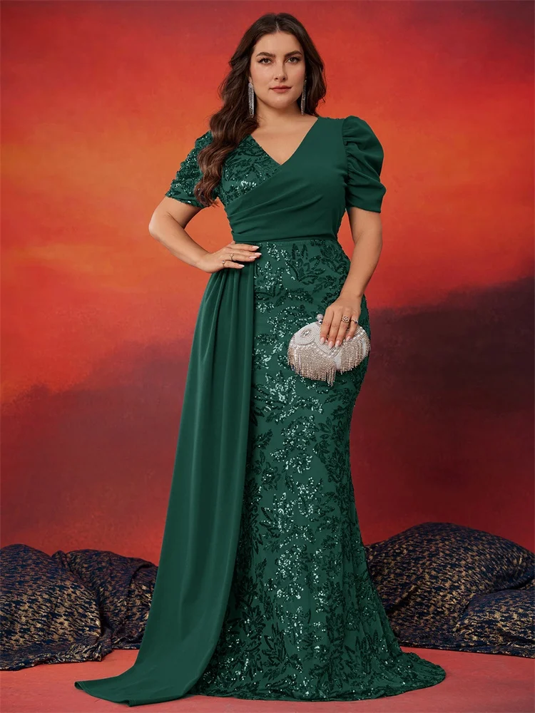 Plus size elegante com decote em v lantejoulas vestido de noite feminino mangas curtas sereia formal luxo festa streamer vestido de baile