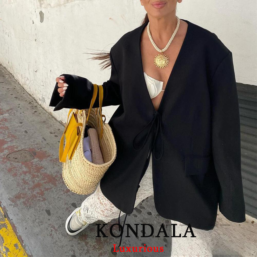 KONDALA Casual Übergroßen Schwarzen Blazer Frauen V-ausschnitt Fliege Taschen Lose Jacken Mode 2025, Herbst Streetwear Frauen Outwears