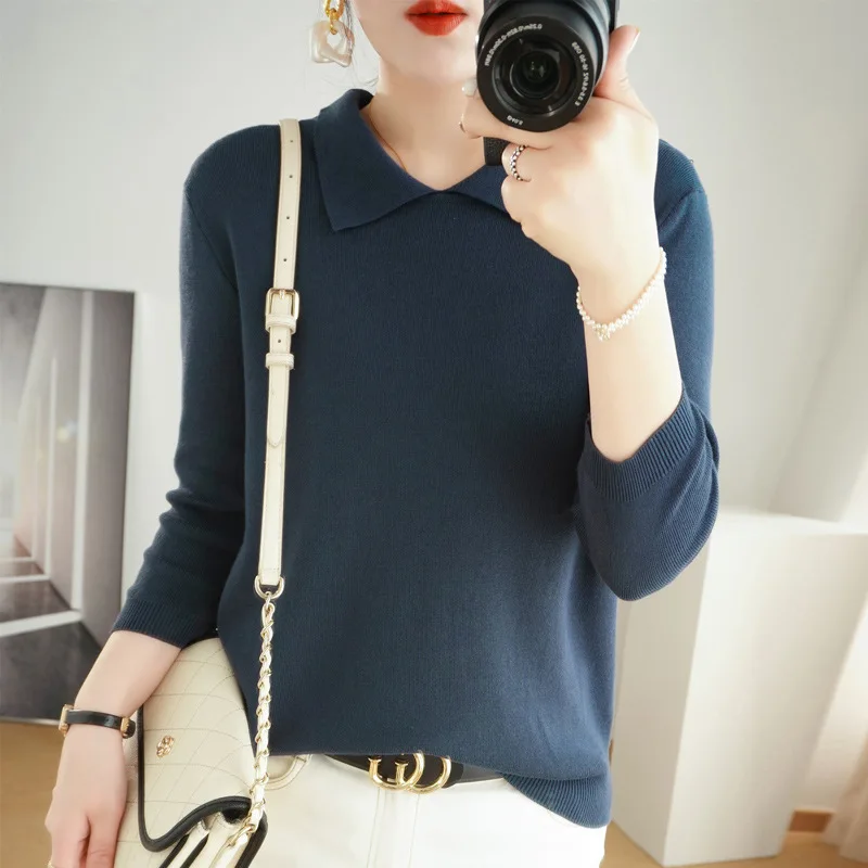 POLO Collar Women's Knitted Sweater Cashmere Blend Autumn And Winter New Solid Color Simple Inner Slimming And Age-reducing Top