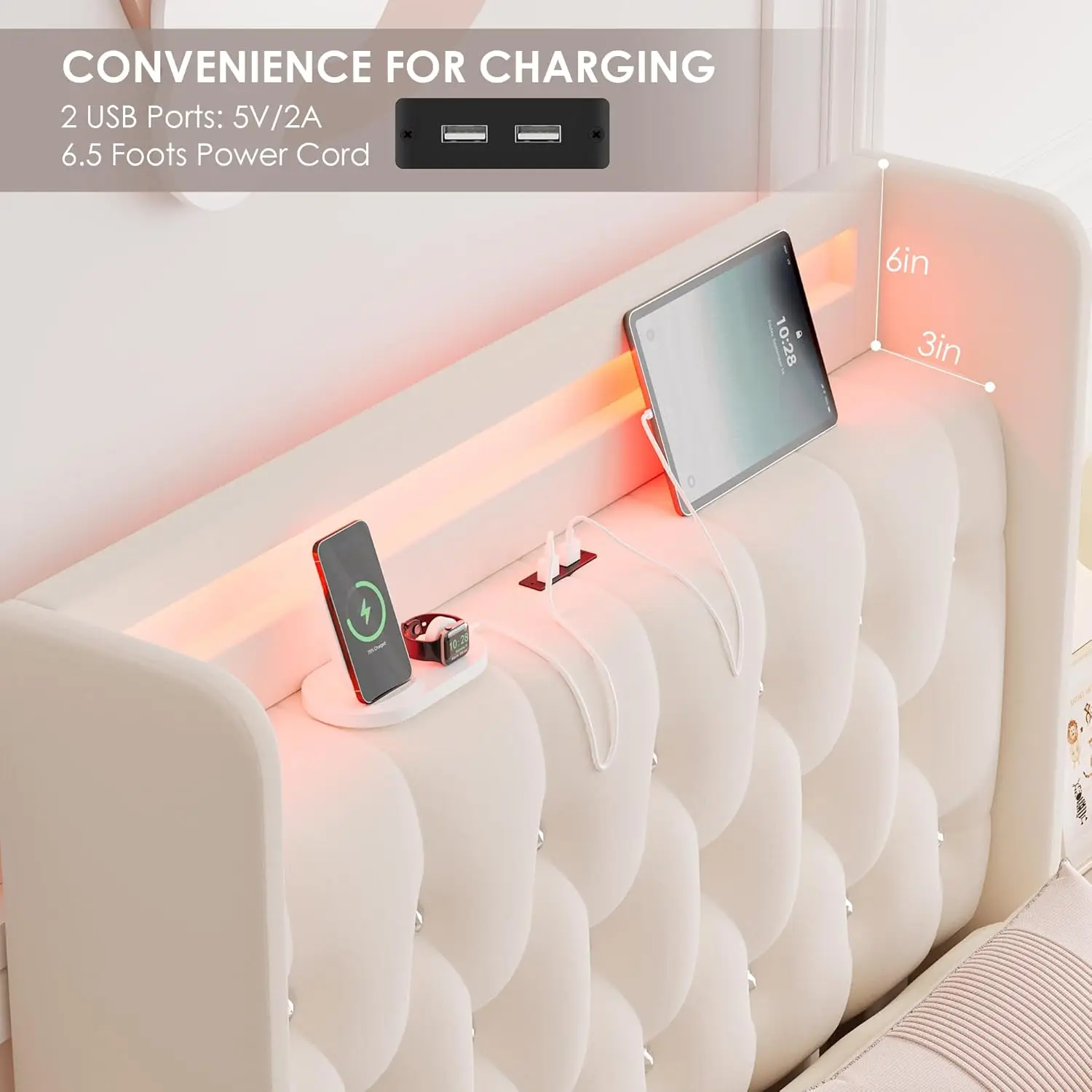 LED Bed Frame with Charging Station and 4 Storage Drawers, Velvet Upholstered Platform Bed with Handcrafted Crystal B