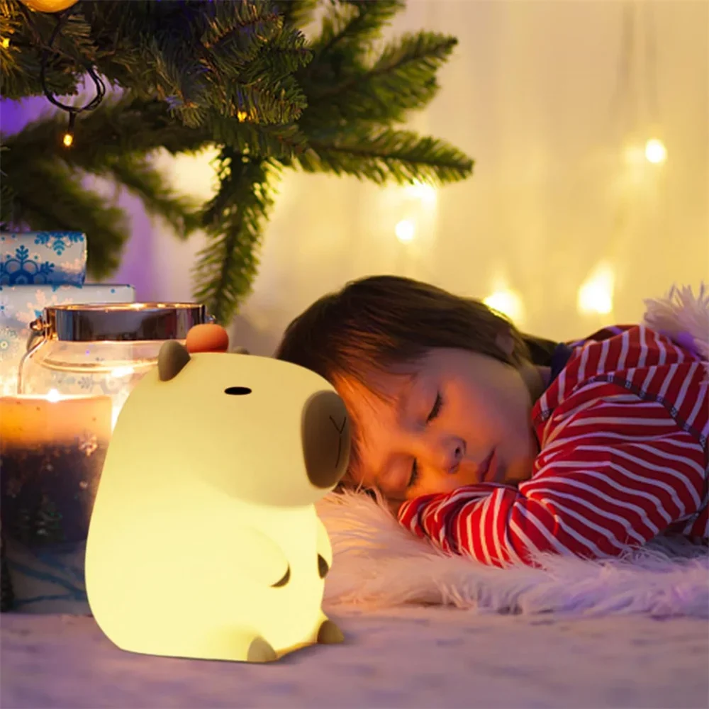 Luces nocturnas de capibara de silicona, lámpara portátil recargable por USB con Control táctil de animales con función de sincronización para decoración del hogar y dormitorio