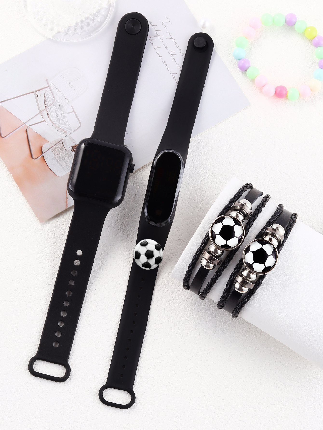 Lazer esportes vento retangular oval silicone relógio eletrônico com pulseira de couro futebol euro conjunto presente