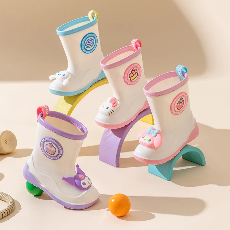 Sanrio botas de chuva infantis genuínas, botas de chuva fofas de desenho animado para meninas, sapatos antiderrapantes com cola