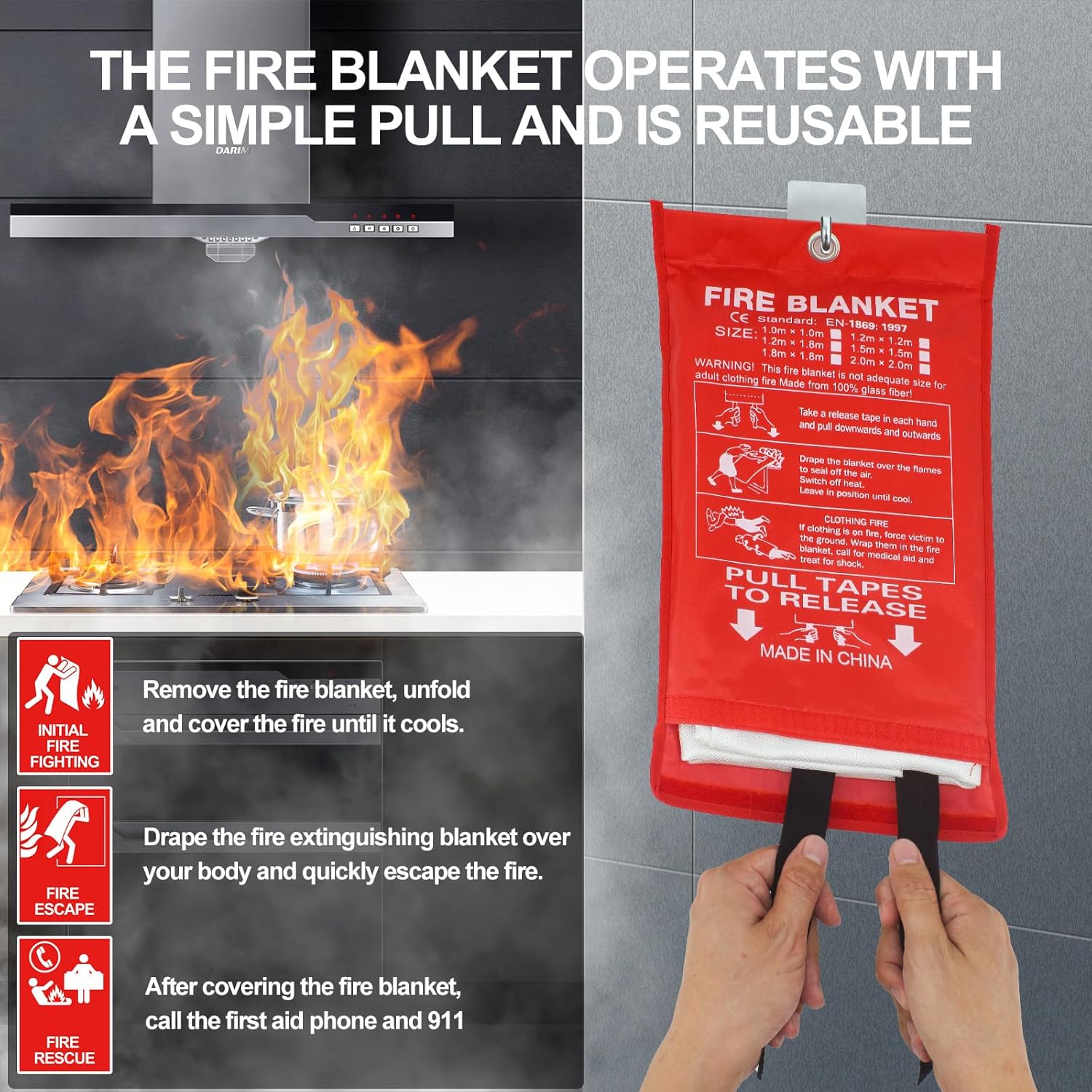 Emergency Fire Blanket Fiberglass Flame Retardant Suppression Blanket for Home Kitchen Safety Survival Cover