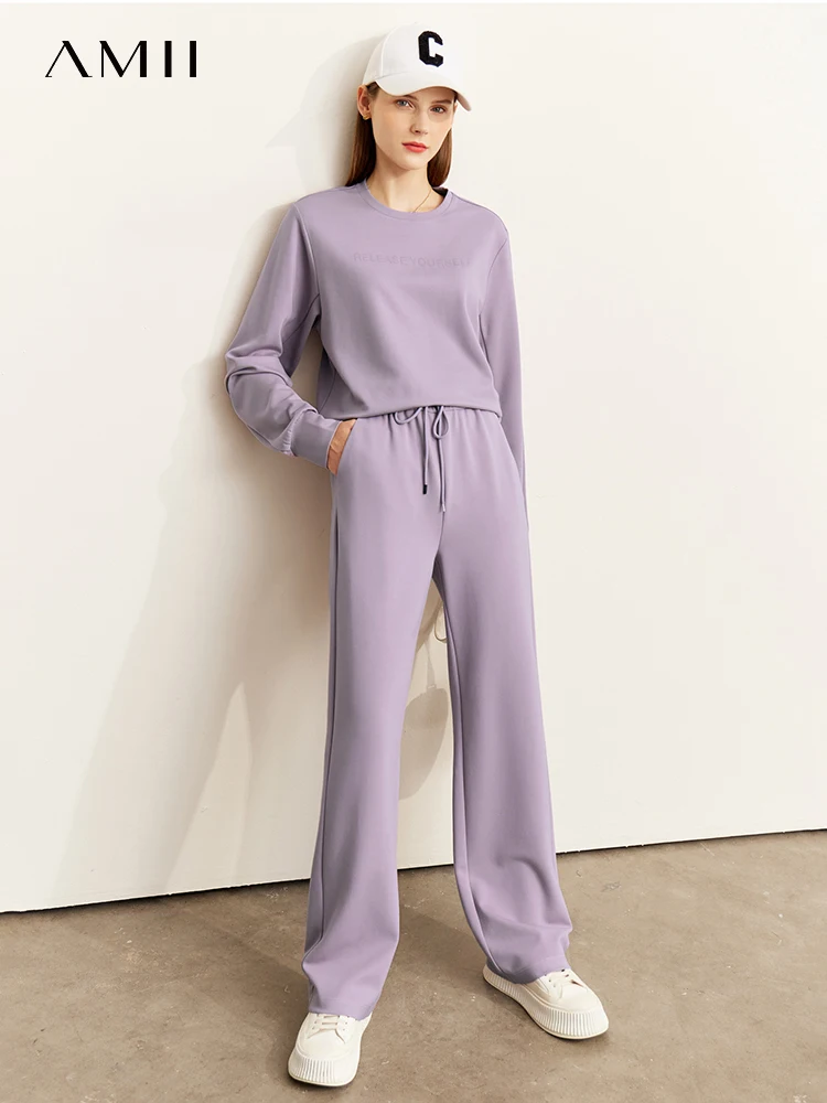 Amii-Terno minimalista de manga comprida feminino, moletom casual, moda elegante, calças largas, saia separada, outono, 12240924