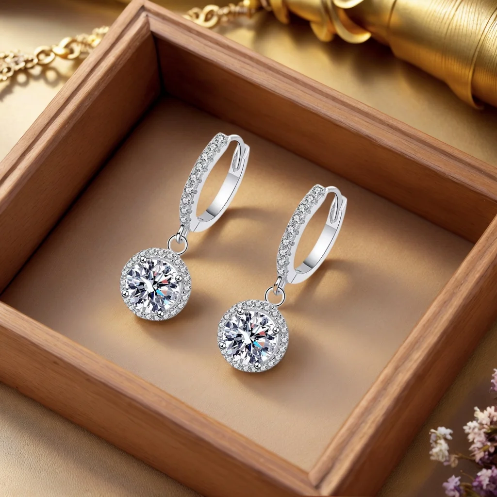 Runde 1-Karat-Moissanit-Ohrringe aus 925er-Sterlingsilber für Damen im luxuriösen Abendstil