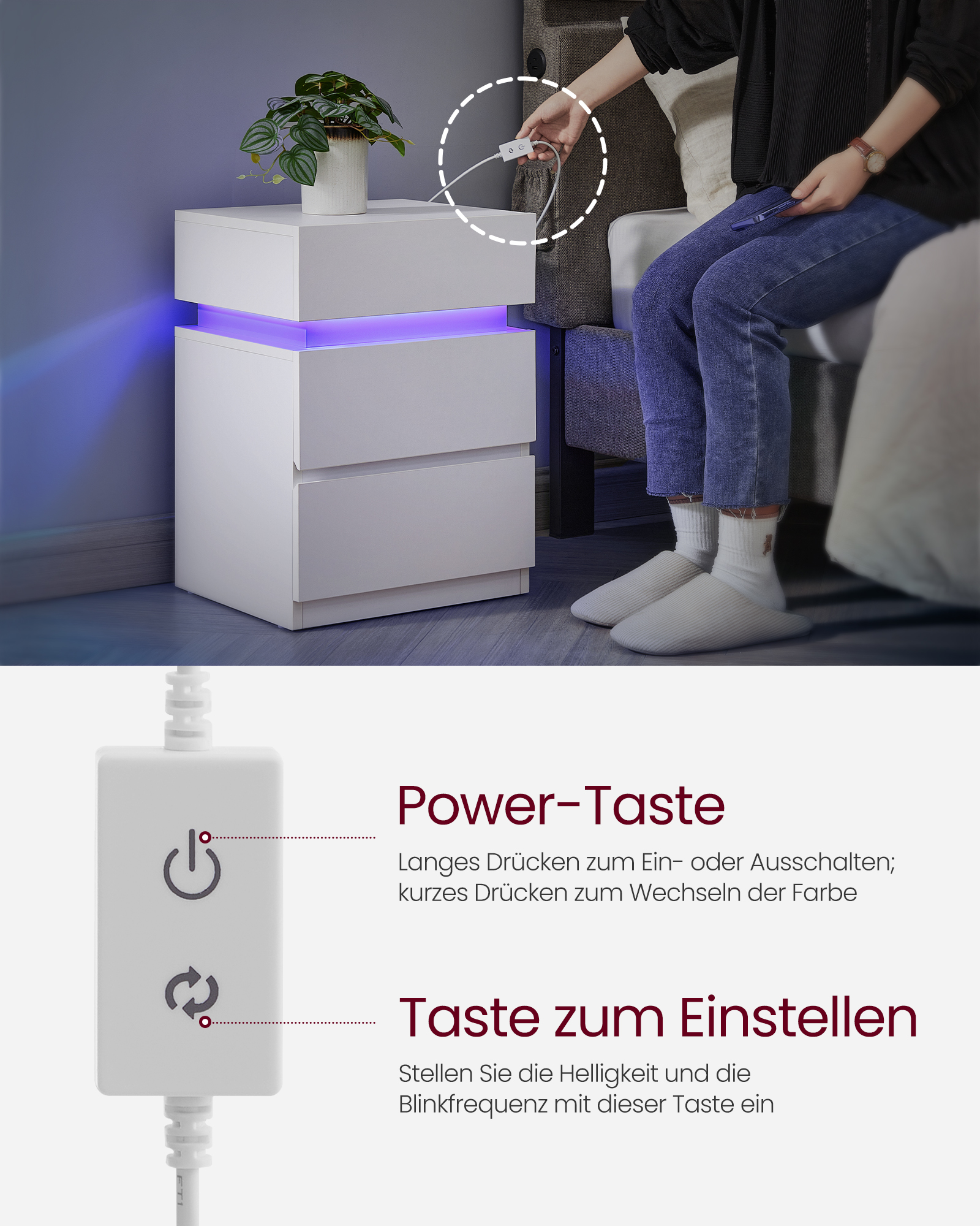 VASAGLE Nachttisch (1-St), mit LED-Beleuchtung, einstellbare Farben