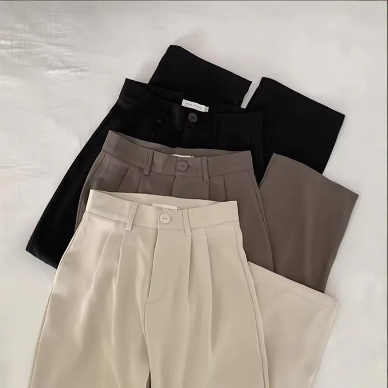 Pantalones de traje de cintura alta para mujer, pantalones rectos de otoño para oficina, pantalones de moda coreana para mujer, pantalones negros holgados con botones informales, novedad de 2025