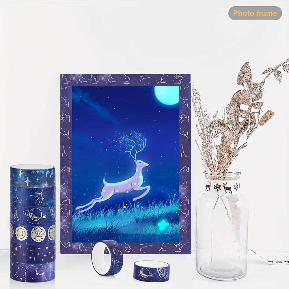 12pcs 골드 호일 별이 빛나는 하늘 Washi 테이프 세트-스크랩북, 공예 및 휴일 파티 장식을위한 프리미엄 접착 스티커