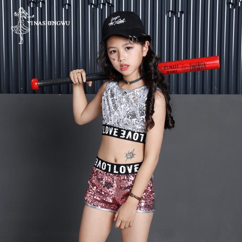 ชุดเต้นรําแจ๊สเลื่อมสีชมพู Shining Street Dance เสื้อเด็กเครื่องแต่งกายวันเด็ก STAGE เครื่องแต่งกายสาว