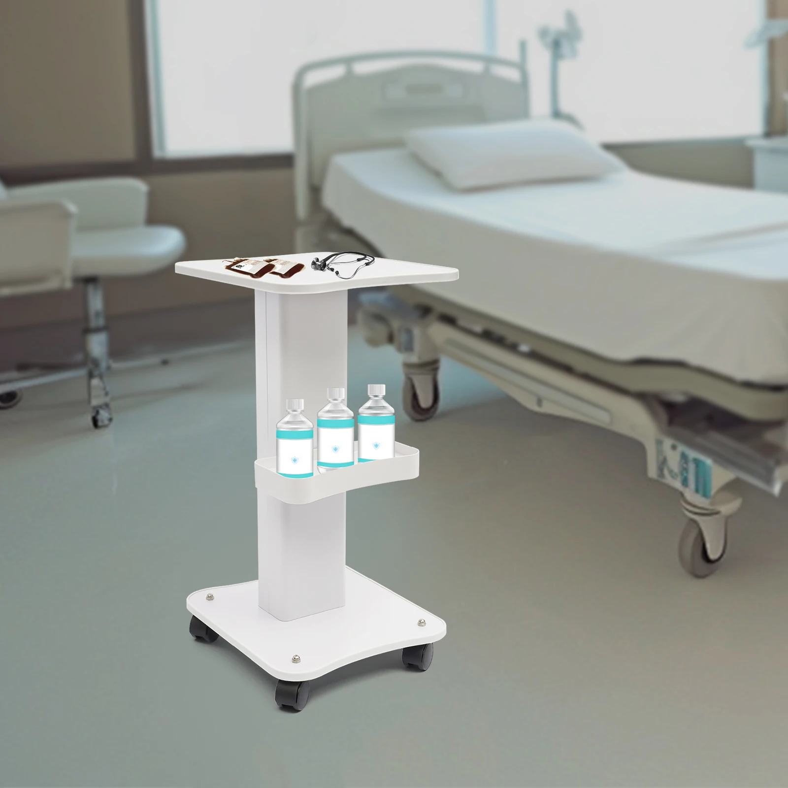 Pannelli per carrello bianco in ABS con supporto per macchina per salone di bellezza con vassoio per colonna di supporto Ruote universali multifunzionali