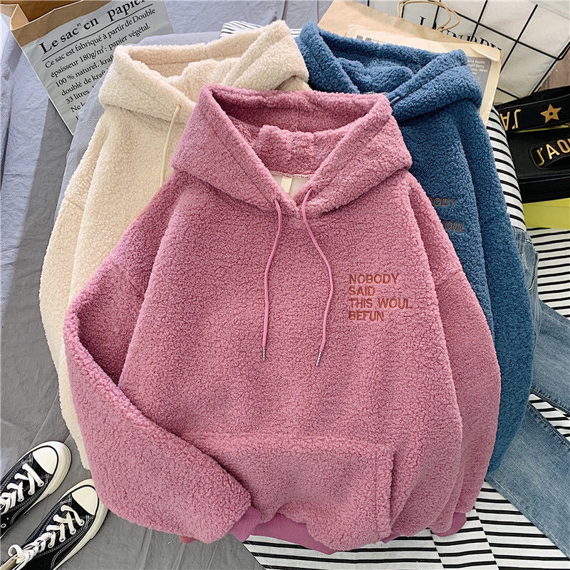 ผู้หญิงฤดูใบไม้ร่วงฤดูหนาว WARM Fluffy Hoodie ใหม่ Casual Hooded Pullovers ตัวอักษรขนแกะขนแกะเสื้อกันหนาวหลวม TOP Ropa De Mujer
