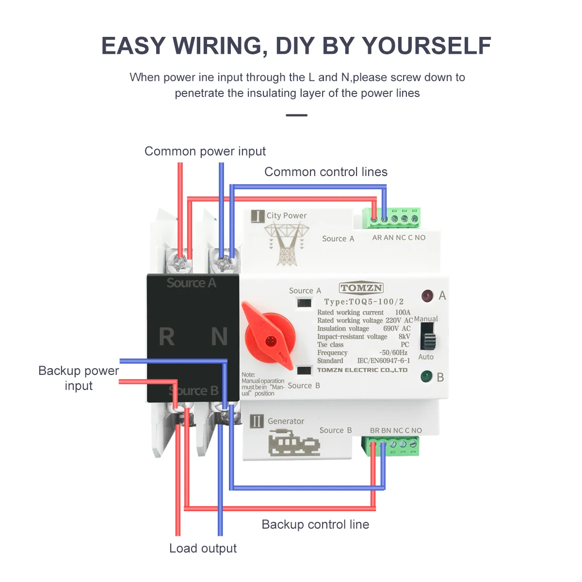 TOMZN carril Din monofásico ATS transferencia automática de doble potencia interruptores eléctricos sin interrupción 50-60hz 2P 63A 100A