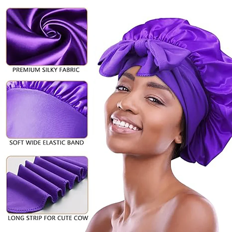 Nuevo Gorro de dormir liso de satén para mujer, gorros sedosos con bandas para atar, gorro de ducha elástico, gorro ajustable para gorros de pelo rizado