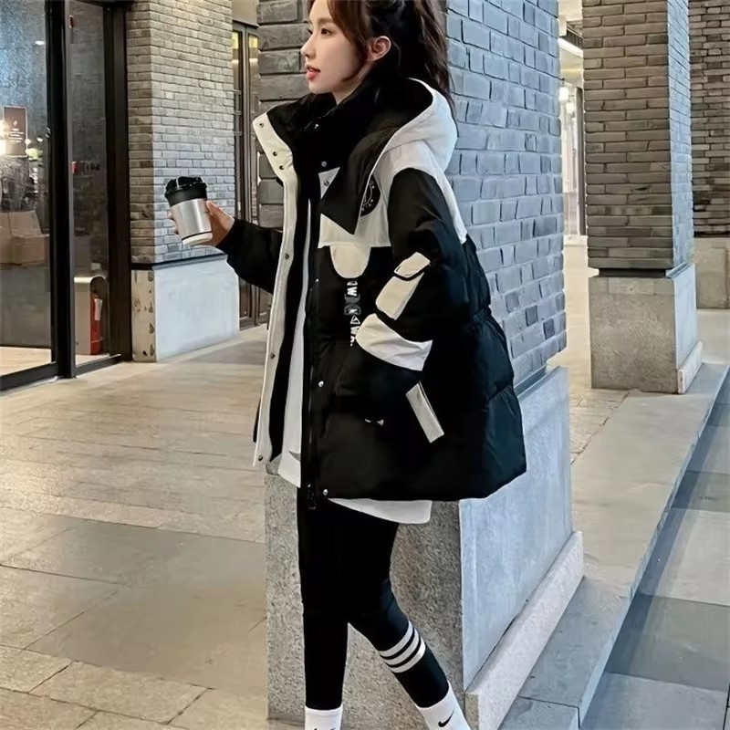冬の女性のダウンコットンコート韓国女性すべて一致パーカージャケット 2024 レディースフード付きスプライシング一緒にフグ生き抜く