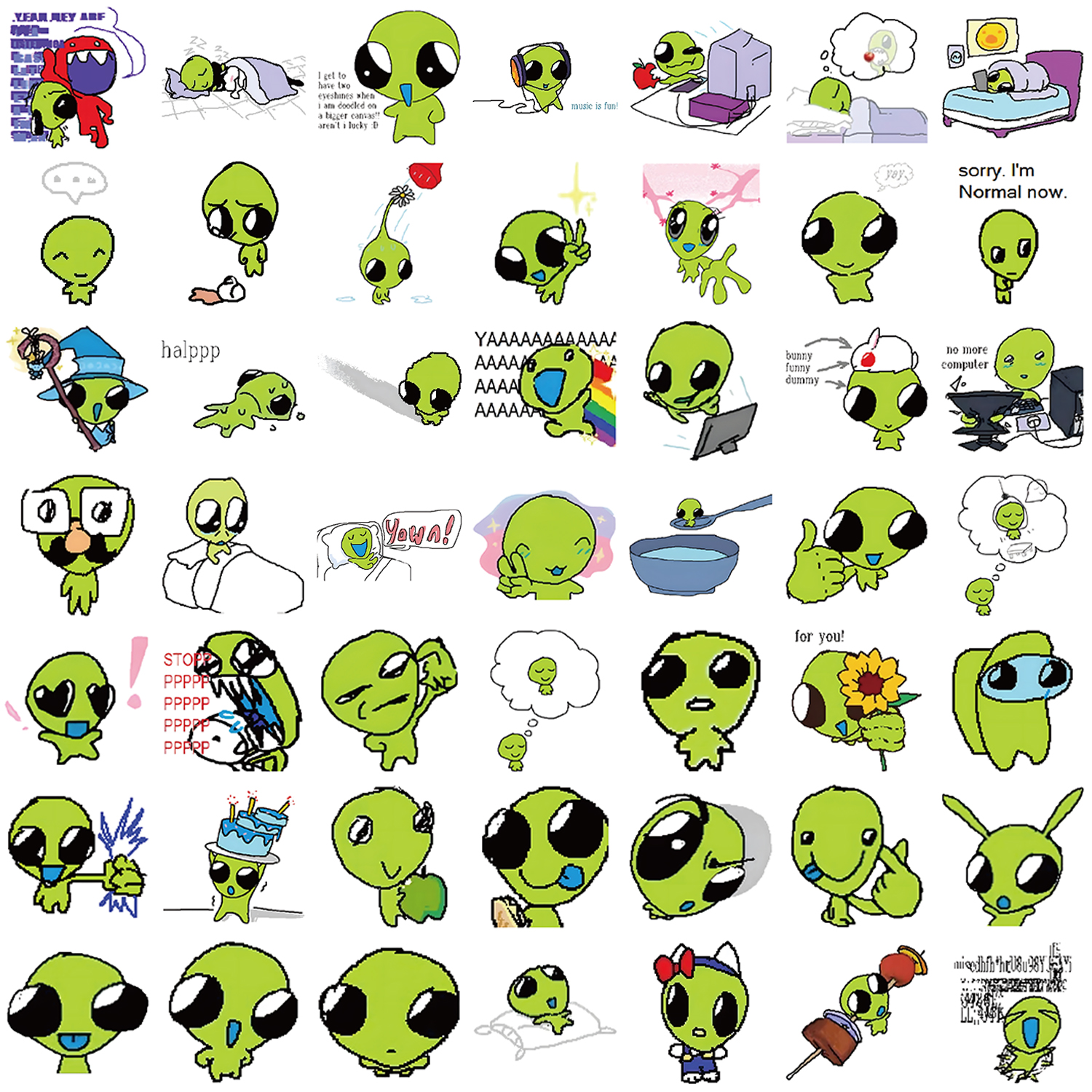 52 peças adesivos alienígenas verdes decalques de pvc reutilizáveis à prova d'água com designs caprichosos para laptops garrafas de água skates bagagem