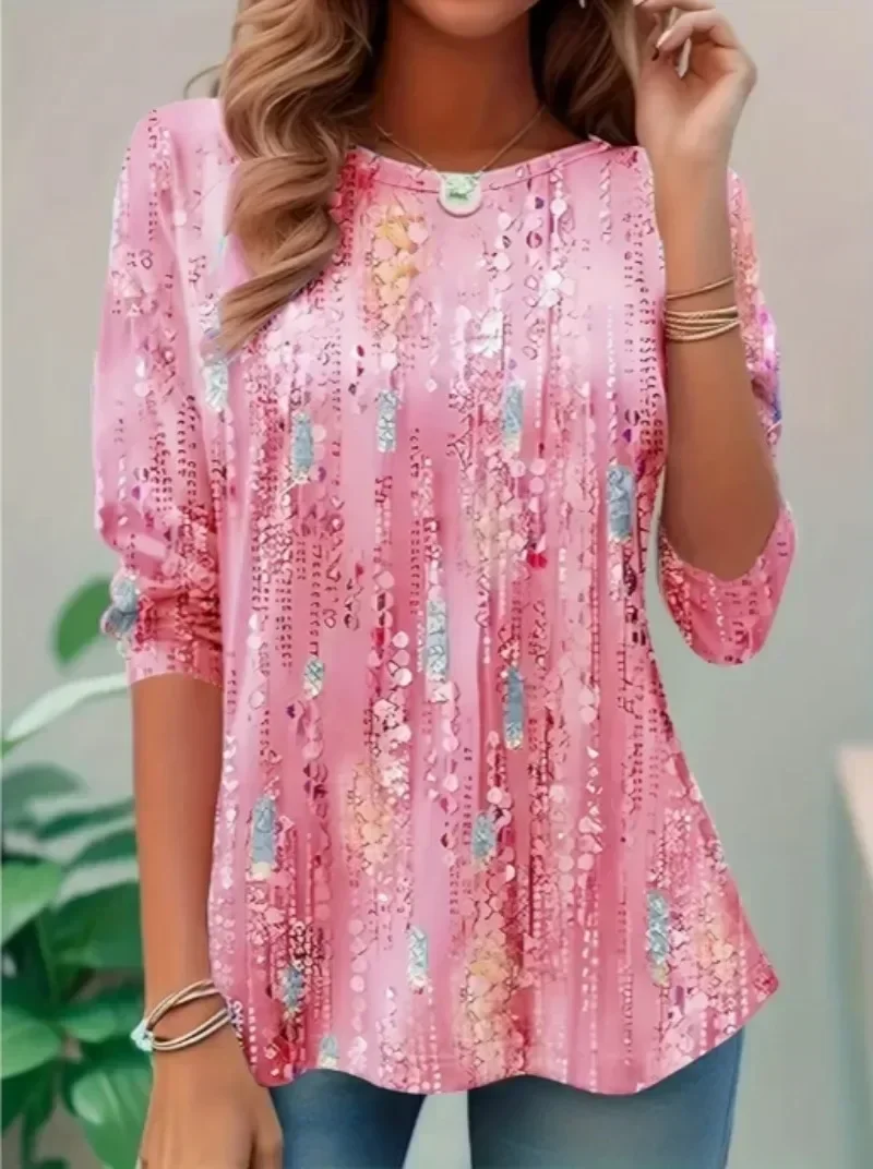 Plus rozmiar 1XL-5XL moda damska wokół szyi koszulka z rękawami ćwiartkowymi damski top na co dzień wiosna lato modna koszulka