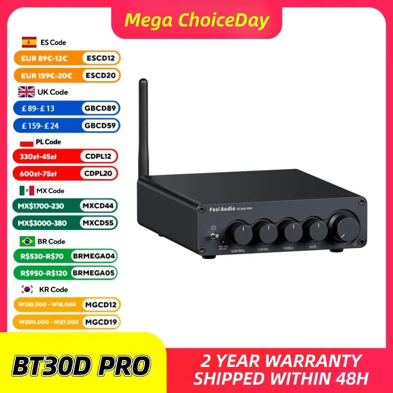 Fosi Audio Bluetooth amplificador de potencia de sonido 2,1 canales Amp Audio Reciver para altavoz Subwoofer 165Wx2 + 350W BT30D PRO