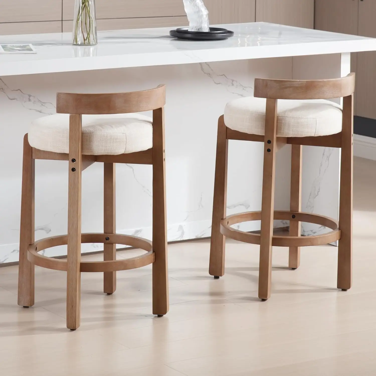 Century Modern Bar Stools Set of 2, 26.5" Counter Stools with Back, Linen Upholstered Barstools with Solid Wood Legs Bar Chairs