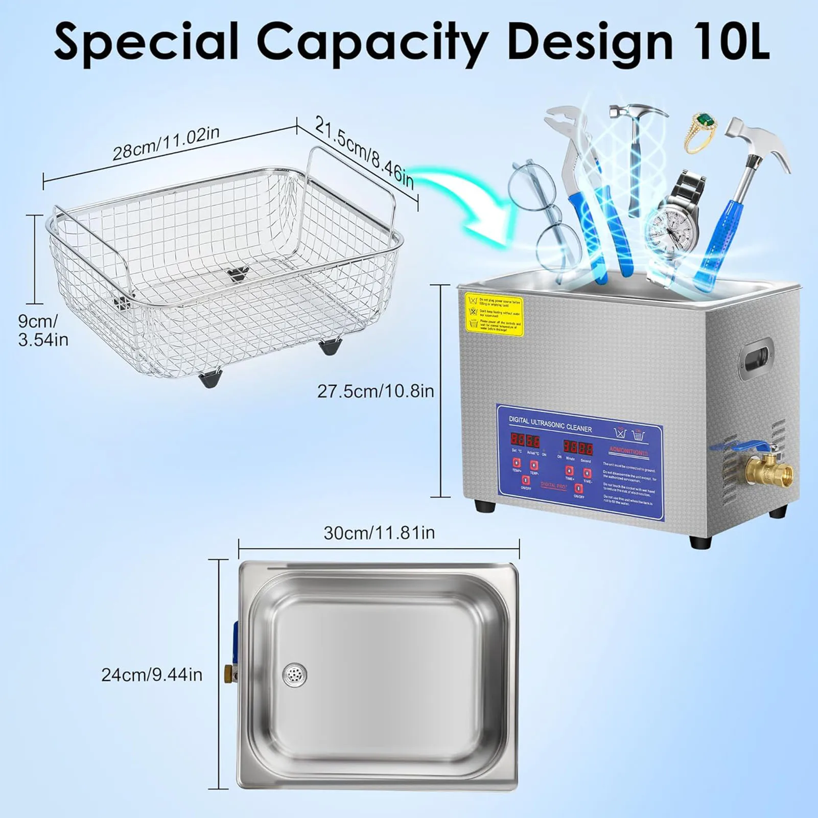 Pulitore ad ultrasuoni digitale da 10 litri: portatile, efficiente, regolabile per laboratori, uso domestico e agricolo