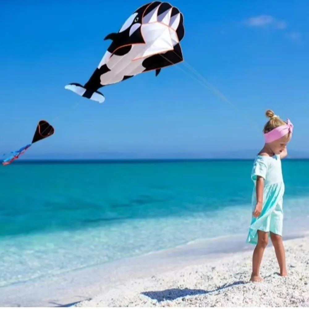 2.2m Large Whale/Dolphin Kite Good Flying Single Line Soft Kite Long Tail 100 Meter Kite Line Plastic Flying Toy