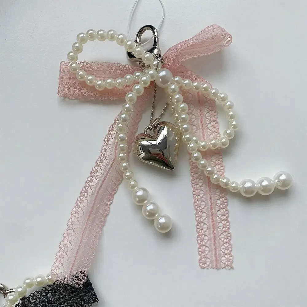 Lindo dulce perla arco llavero coreano Y2K corazón encaje colgante belleza chica bolso colgante accesorio