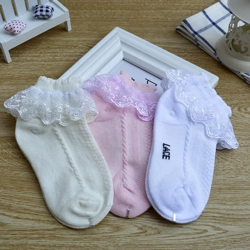 10 par/lote de calcetines para niñas y niños, calcetines de encaje con volantes de princesa de malla para niños, calcetines cortos transpirables de algodón blanco, rosa y azul para niños pequeños