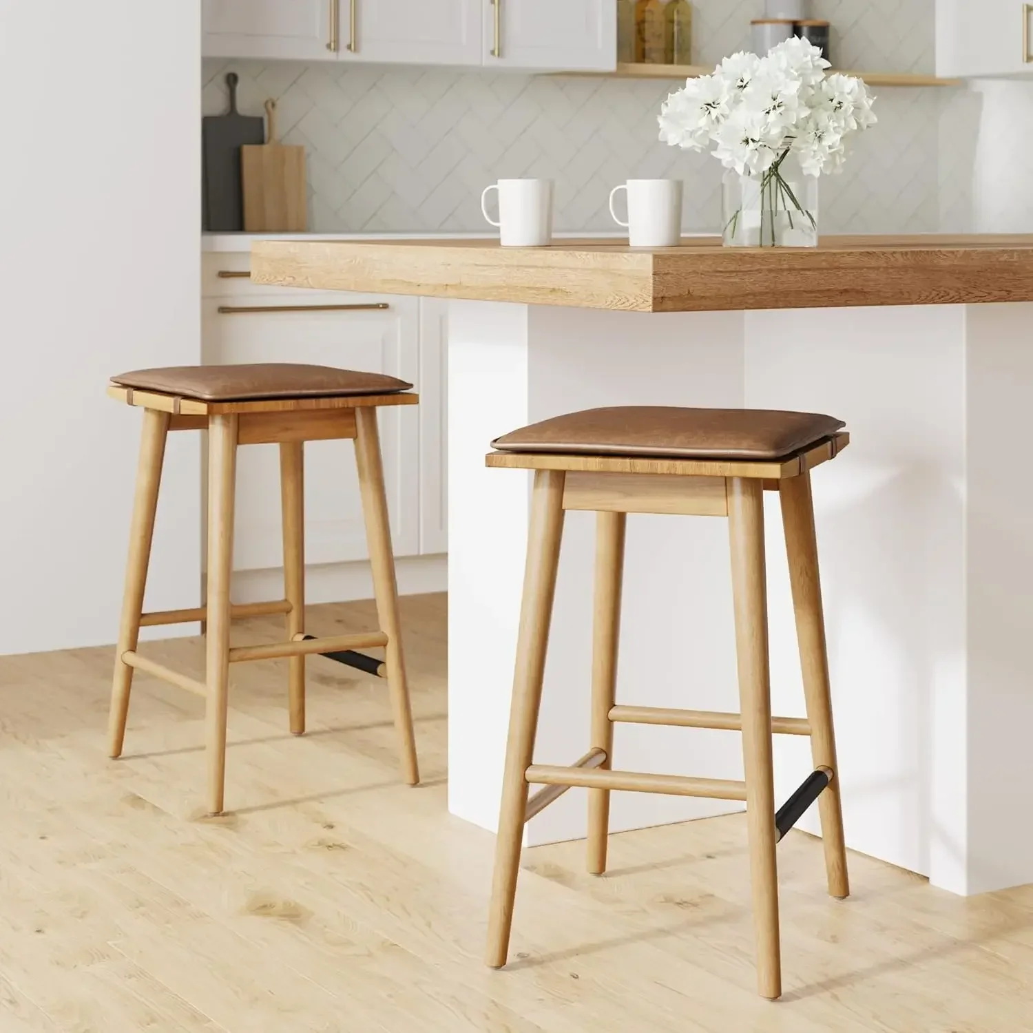 Set of 2 Barker Classic Counter Height Wood Barstool with Leather Removable Cushion, Backless Island 24" Bar Stool for Kitchen