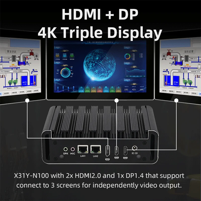 Безвентиляторный мини-промышленный ПК Intel N100 2x Ethernet 2x COM DB9 RS232 2x HDMI2.0 1*DP 4*USB WiFi Windows10/11 Linux