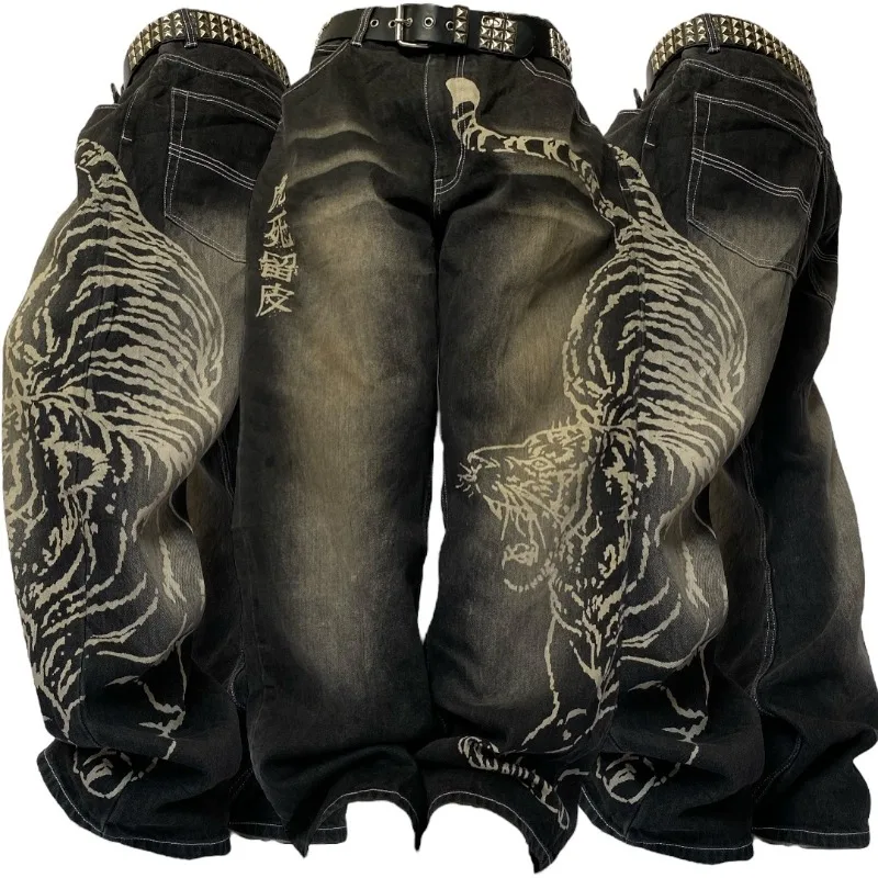2025 moda nuevo patrón de gran tamaño estampado pantalones vaqueros holgados hombres Y2K calle Vintage Rock Casual recto alta cintura pantalones de pierna ancha