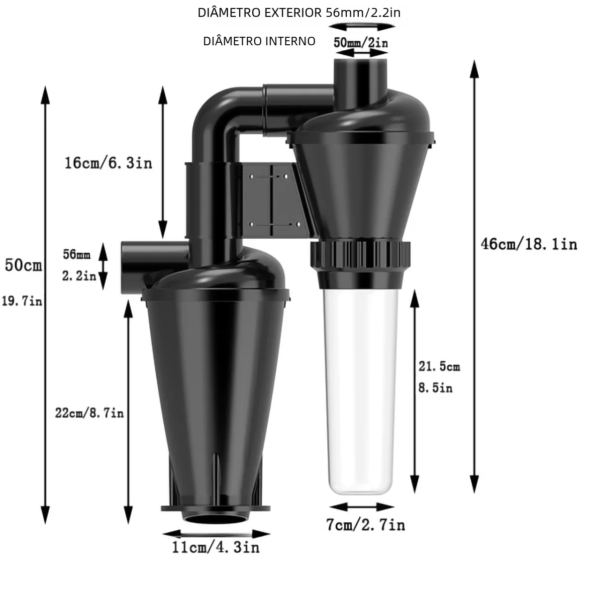 Coletor de Poeira Ciclone de Filtração Dupla para Carpintaria, DIY, Filtro Turbocharged, Vac com Coleção Flange, 50mm, 2"