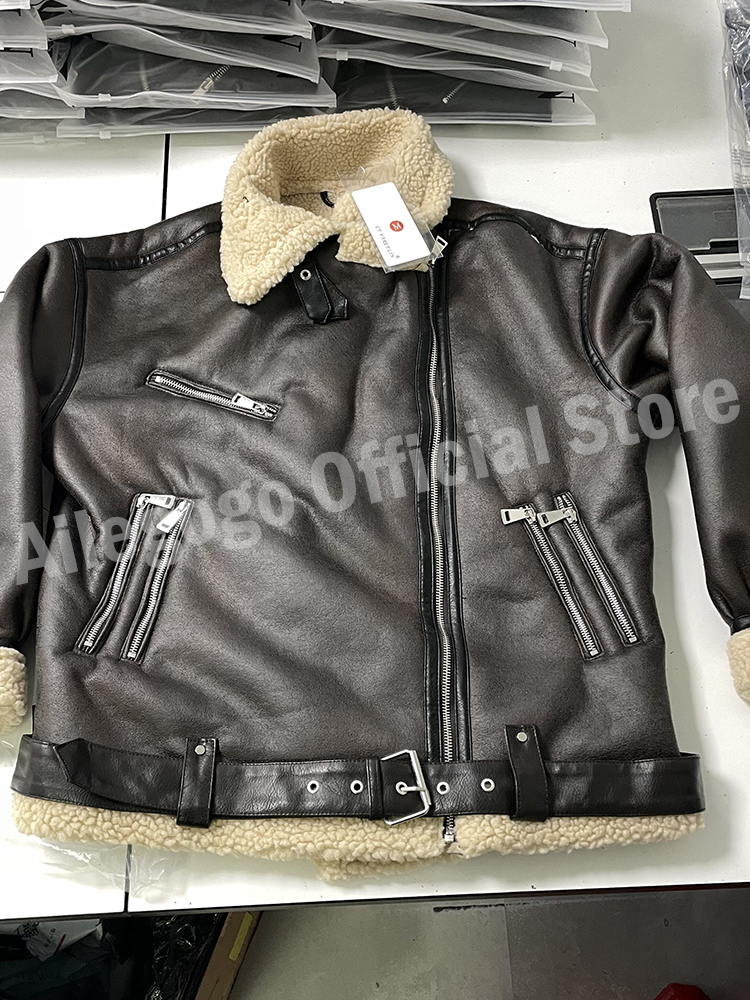 Ailegogo 秋冬女性フェイクラムファー厚く暖かいジャケットベルトストリート女性ジッパールーズモトバイカーコート生き抜く