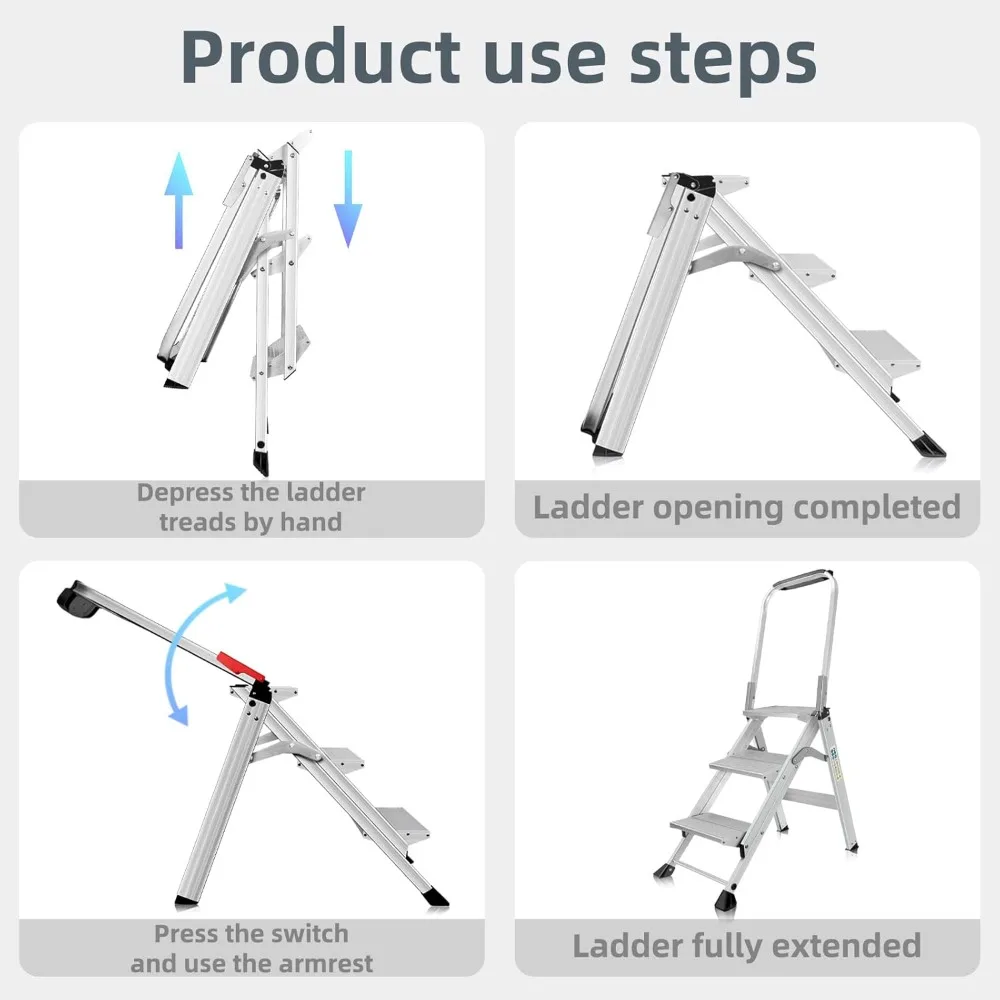 Step Ladder Pro with Tool Platform, Aluminum Folding 3 Step Stool with Non-Slip Wide Pedal, Rubber Feet, Lightweight Multi-