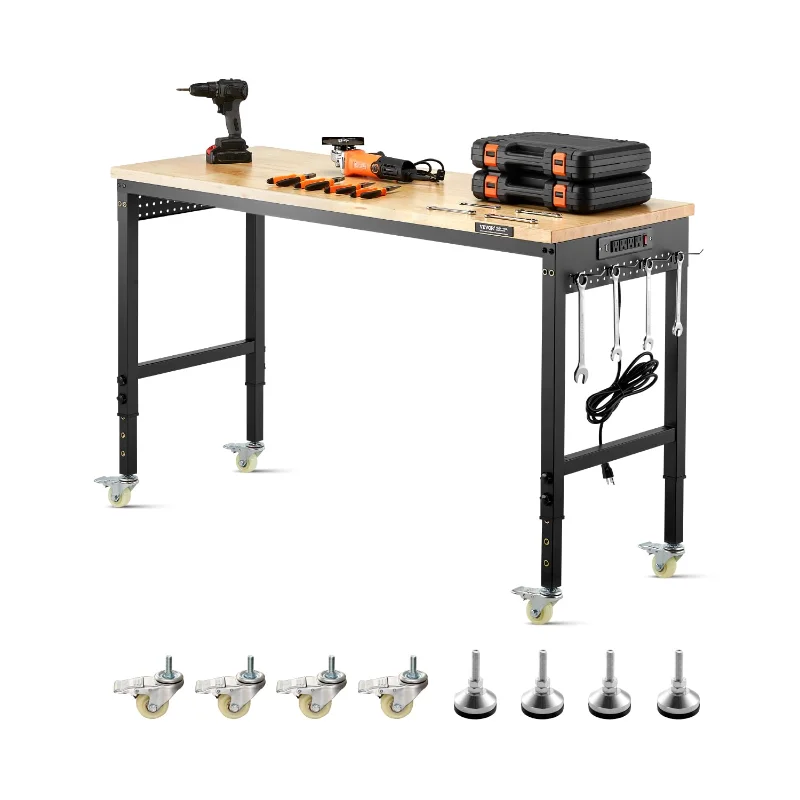 VEVOR 60-Inch Adjustable Workbench, 2000 lbs Load, Work Bench with Power Outlet, Wheels, and Pegboard, Heavy Duty Oak Wood