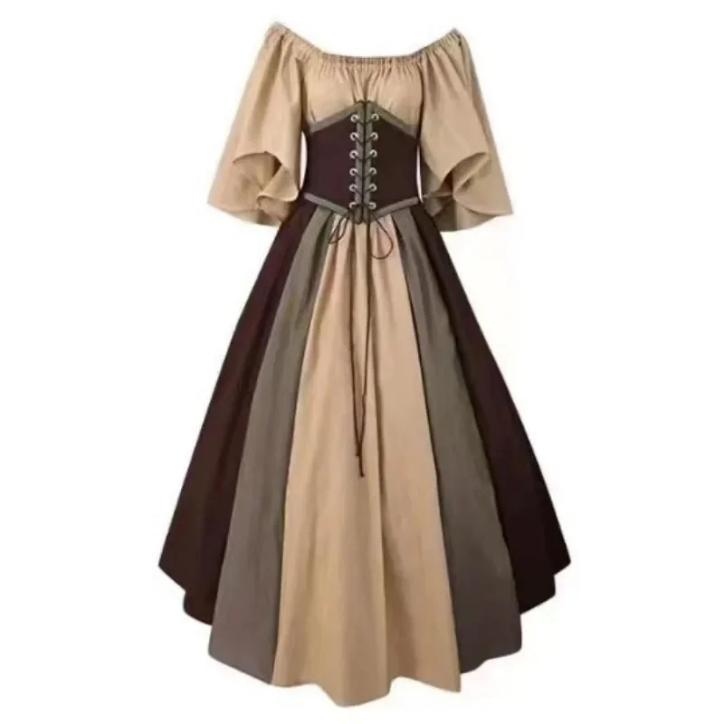 Kostiumy na Halloween dla kobiet średniowieczny Retro kontrastowy kolor wąska sukienka typu swing jedno słowo sukienka na ramię miłość na żywo Cosplay