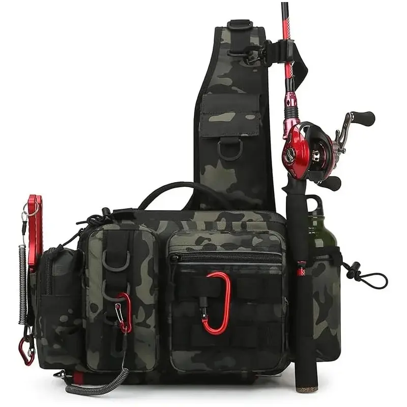 Angelgerät-Rucksack, Köderbox, Aufbewahrungstasche für Ausrüstung, Gürteltasche für Männer, Fliegenfischer-Rucksack mit Rutenhalter, Sling-Umhängetasche