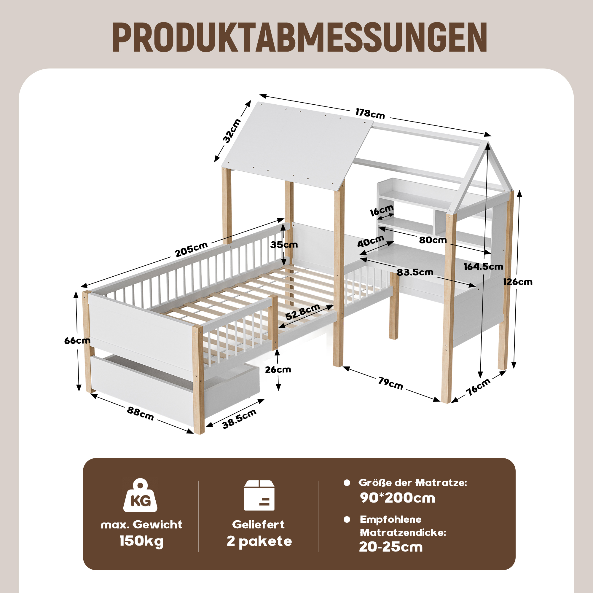 90 x 200 cm Kinderbett mit Rausfallschutz und Lattenrost, L-förmigem Schreibtisch und Bücherregal, Schubladen mit Rollen, multif